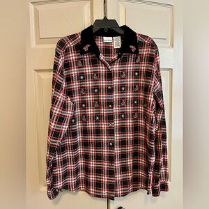 Bobbie Brooks Vintage Plaid Shirt with Embroidered Snowflakes and Ice Skates